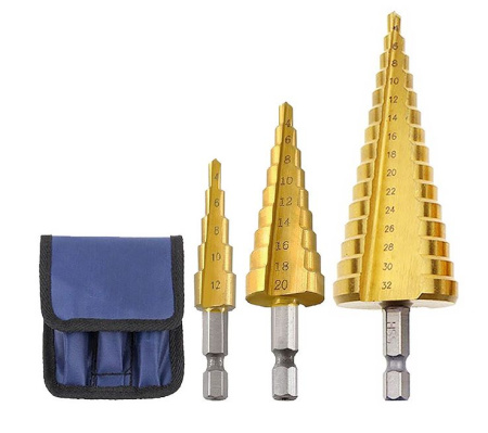 Набор ступенчатых сверл 4-12, 4-20, 4-32 мм с титановым покрытием по металлу, 3 штуки, золотой