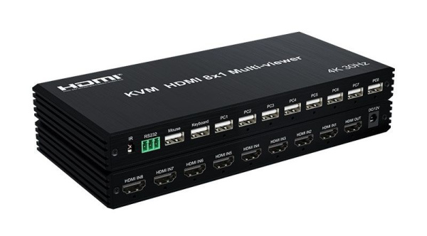 KVM-переключатель 8-ми портовый HDMI 4K USB с функцией делителя экрана, RS232, пульт ДУ, черный