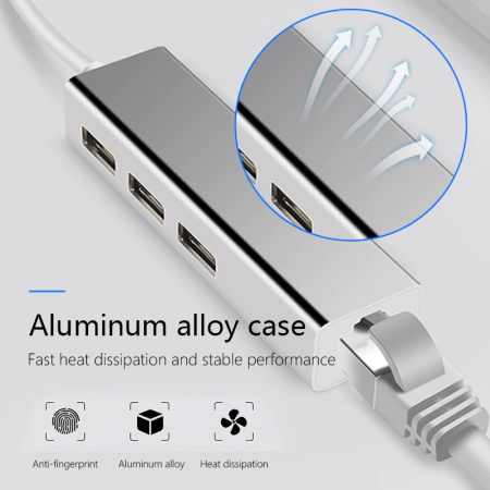 Адаптер - переходник - хаб USB3.1 Type-C на 3x USB3.0 - RJ45 (LAN) до 100 Мбит/с, серебро