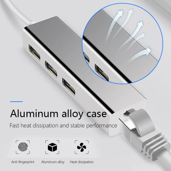 Адаптер - переходник - хаб USB3.1 Type-C на 3x USB3.0 - RJ45 (LAN) до 100 Мбит/с, серебро Адаптер - переходник - хаб USB3.1 Type-C на 3x USB3.0 - RJ45 (LAN) до 100 Мбит/с, серебро