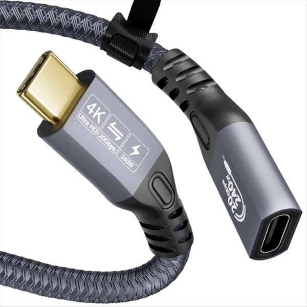 Кабель USB3.2 Type-C чип E-Marker, 4K 60Гц, PD 100W (20V/5A), 20 Гбит/с, экранирование, оплетка, папа-мама, 5 метров