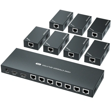 Разветвитель, сплиттер HDMI 1x7 FullHD 1080p до 60 метров - удлинитель сигнала по витой паре RJ45 UTP (LAN), ver.02, активный, комплект, черный