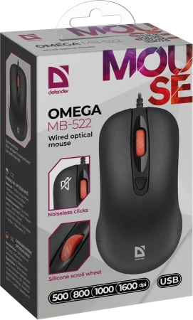 Мышь проводная оптическая Defender Omega MB-522, 500-1600dpi, черный