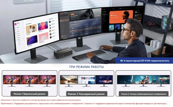 Адаптер – KVM-переключатель 3x3 HDMI 2.1 + DisplayPort 1.4 – 8K 60Гц / 4K 240Гц, USB3.0, jack 3.5мм + MIC, алюминий