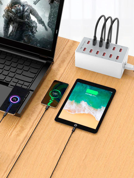 Зарядная станция на 10 USB портов mod. 1010P, 5V1-2.4A, ABS-пластик, белый