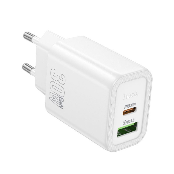 Зарядное устройство сетевое - блок питания HOCO N63, USB Type-C PD30W + USB QC3.0, белый Зарядное устройство сетевое - блок питания HOCO N63, USB Type-C PD30W + USB QC3.0, белый