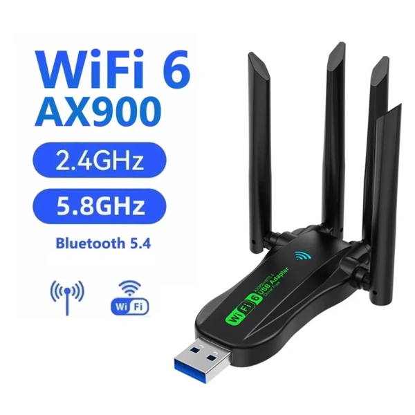 Адаптер - беспроводной приемник USB3.0 Wi-Fi6 + Bluetooth 5.4, до 900 Мбит/с, 4 антенны, двухдиапазонный - 2.4GHz/5.8GHz  (Free Driver) Адаптер - беспроводной приемник USB3.0 Wi-Fi6 + Bluetooth 5.4, до 900 Мбит/с, 4 антенны, двухдиапазонный - 2.4GHz/5.8GHz  (Free Driver)