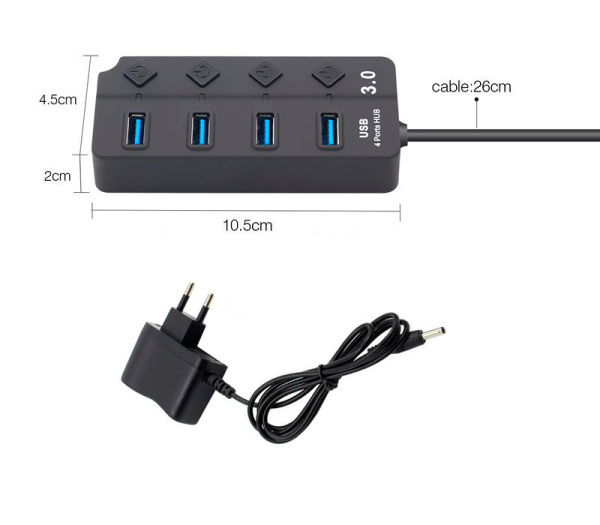 Хаб - концентратор USB3.0 - 4х USB3.0, MOD01 вертикальный с кнопками, активный, черный Хаб - концентратор USB3.0 - 4х USB3.0, MOD01 вертикальный с кнопками, активный, черный