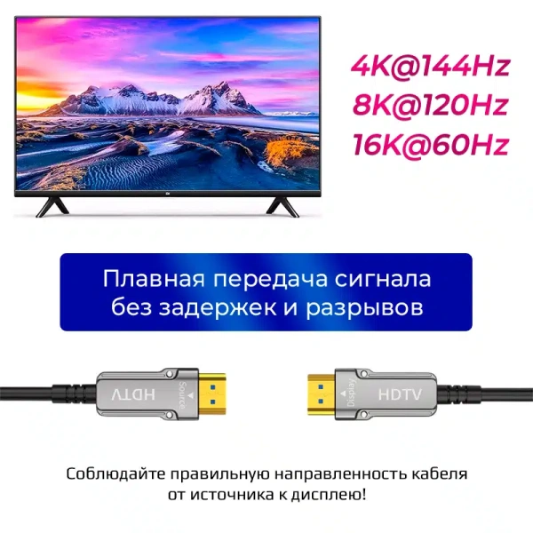Кабель оптический HDMI v2.2 UltraHD 16K 60Гц / 8K 120Гц / 4K 144Гц, поддержка HDR, ARC, 96 Гбит/с, 50 метров, черный Кабель оптический HDMI v2.2 UltraHD 16K 60Гц / 8K 120Гц / 4K 144Гц, поддержка HDR, ARC, 96 Гбит/с, 50 метров, черный
