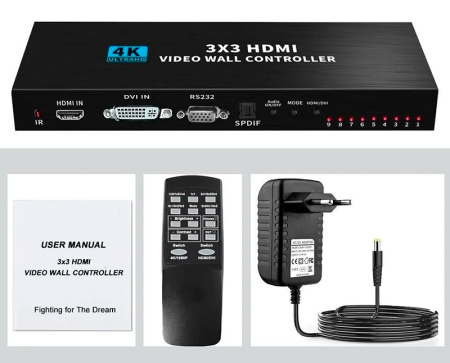 Контроллер видеостены HDMI 4K UltraHD 3x3 до 9 экранов, RS232, SPDIF/Toslink, пульт ДУ