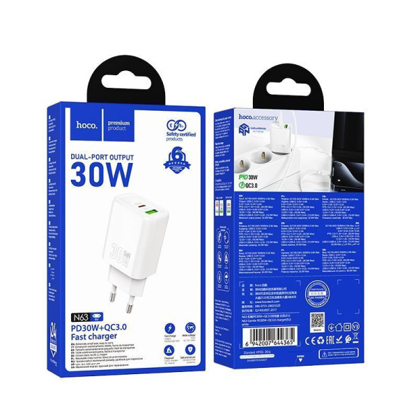 Зарядное устройство сетевое - блок питания HOCO N63, USB Type-C PD30W + USB QC3.0, белый Зарядное устройство сетевое - блок питания HOCO N63, USB Type-C PD30W + USB QC3.0, белый