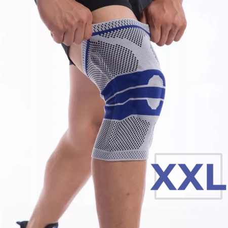 Фиксатор коленного сустава с силиконовой вставкой и пружинной опорой - бандаж на колено - ортопедический эластичный наколенник - спортивная компрессионная нескользящая поддержка для колена, размер XXL, серо-синий
