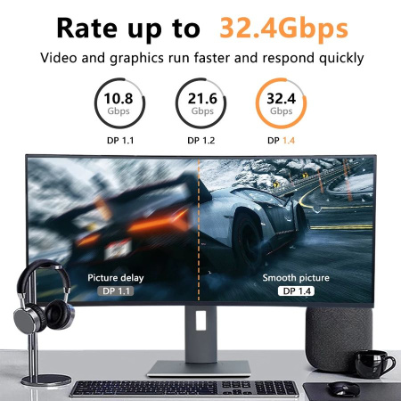 Кабель DisplayPort - DisplayPort, UltraHD 4K 144Hz, папа-папа, 1,5 метра, черный
