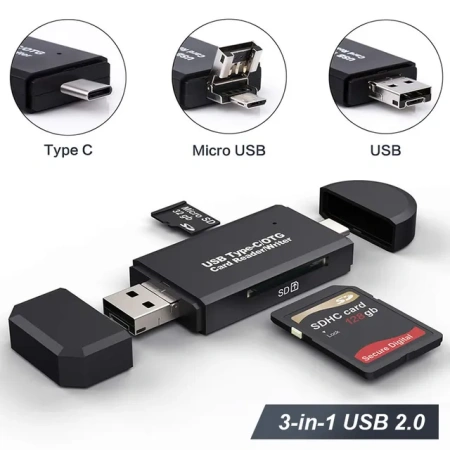 Картридер TF/SD - адаптер для карт памяти - USB Type-C - MicroUSB - USB2.0, черный