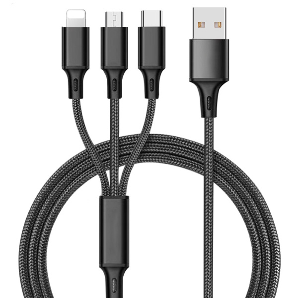 Универсальный зарядный кабель 3-в-1 USB Type-C - Lightning - MicroUSB, 3.1А, 1.2 метра, черный Универсальный зарядный кабель 3-в-1 USB Type-C - Lightning - MicroUSB, 3.1А, 1.2 метра, черный