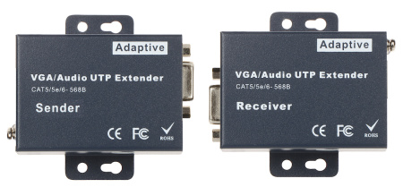 Удлинитель сигнала VGA по витой паре RJ45 (LAN) до 300 метров, активный, комплект, черный