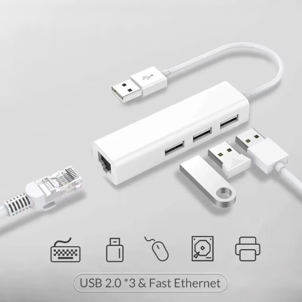 Адаптер - переходник - хаб USB2.0 - 3x USB2.0 - RJ45 (LAN) до 10 Мбит/с, белый