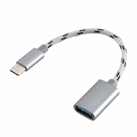 Адаптер - переходник OTG USB3.1 Type-C - USB3.0, тканев. кабель, серебро-графит