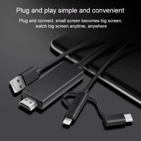 Кабель HDMI - MicroUSB - USB3.1 Type-C - Lightning для подключения смартфона к телевизору, 1,8 метра, черный