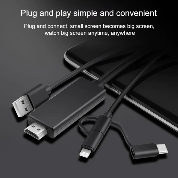 Кабель HDMI - MicroUSB - USB3.1 Type-C - Lightning для подключения смартфона к телевизору, 1,8 метра, черный Кабель HDMI - MicroUSB - USB3.1 Type-C - Lightning для подключения смартфона к телевизору, 1,8 метра, черный