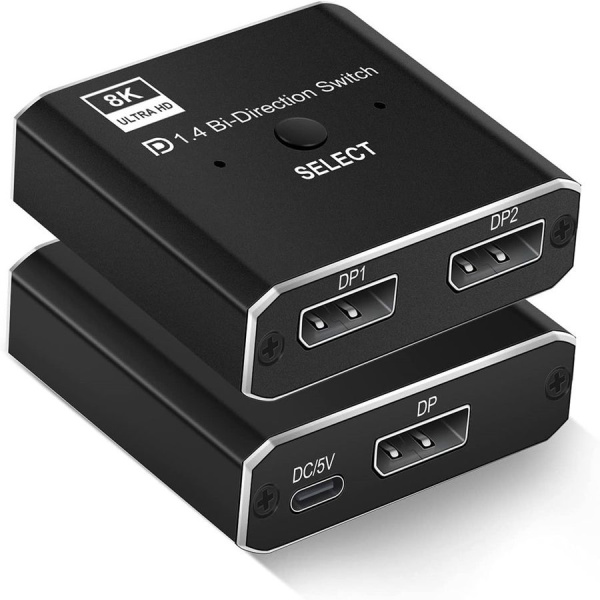 Переключатель-разветвитель (свитч-сплиттер) DisplayPort v1.4 – 2×1 Bi-Direction – 8K 60Гц / 4K 120Гц, 32.4 Гбит/с, алюминий