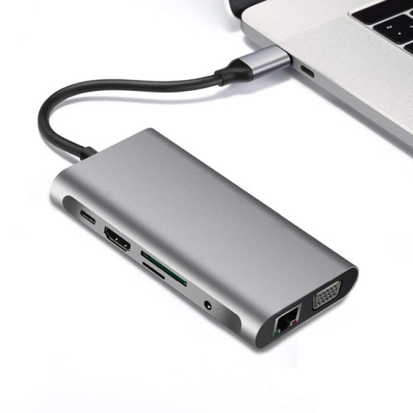 Адаптер - переходник - хаб 8in1 USB3.1 Type-C на HDMI - VGA - 3x USB3.0 - RJ45 (LAN) до 1000 Мбит/с - jack 3.5mm (AUX) - картридер SD, серый Адаптер - переходник - хаб 8in1 USB3.1 Type-C на HDMI - VGA - 3x USB3.0 - RJ45 (LAN) до 1000 Мбит/с - jack 3.5mm (AUX) - картридер SD, серый