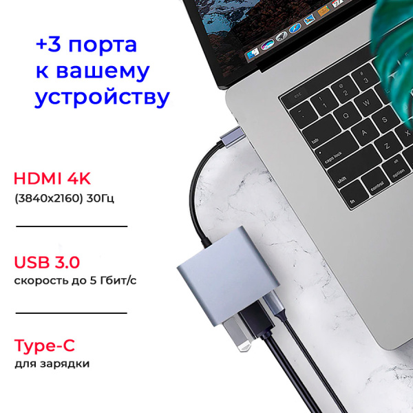 Адаптер - переходник - хаб USB3.1 Type-C на HDMI - USB3.1 Type-C - USB3.0, серый Адаптер - переходник - хаб USB3.1 Type-C на HDMI - USB3.1 Type-C - USB3.0, серый