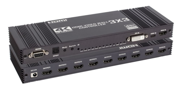 Контроллер видеостены HDMI v2.0 UltraHD 4K PRO до 9 экранов 3x3, оптика (Toslink/SPDIF), RS232, пульт ДУ