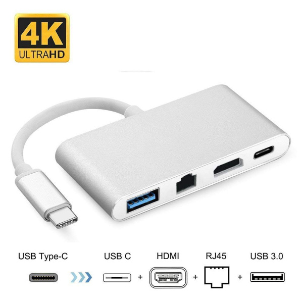 Адаптер - переходник - хаб 4in1 USB3.1 Type-C на HDMI - USB3.0 - USB3.1 Type-C - RJ45 (LAN) до 100 Мбит/с, серебро Адаптер - переходник - хаб 4in1 USB3.1 Type-C на HDMI - USB3.0 - USB3.1 Type-C - RJ45 (LAN) до 100 Мбит/с, серебро