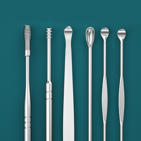 Набор инструментов для чистки ушей - ушные палочки - металлическая ухочистка MOD02, нержавеющая сталь, 6 штук