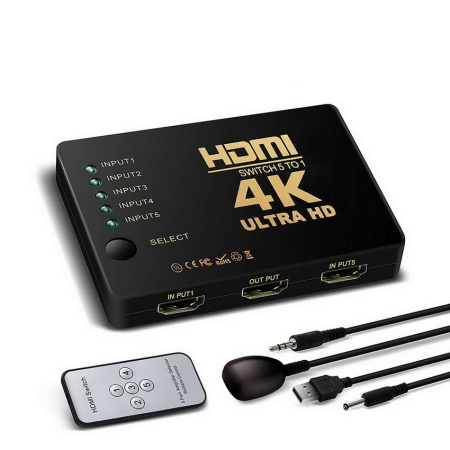 Адаптер - переключатель - свитч 5×1 HDMI, UltraHD 4K 3D, пульт, внешний ИК-датчик, активный, черный