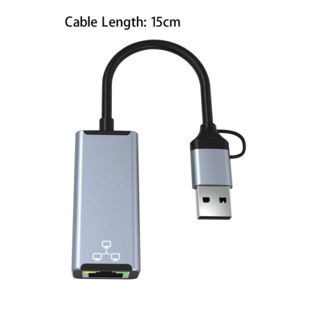Адаптер - переходник USB Type-C / USB Type-A - RJ45 (LAN) до 1000 Мбит/с, серый