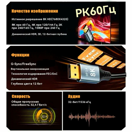 Кабель DisplayPort v1.4 (DP1.4) -8K 60Гц / 4K 144Гц / 2K 165Гц, поддержка HDR, 32.4 Гбит/с, 2 метра