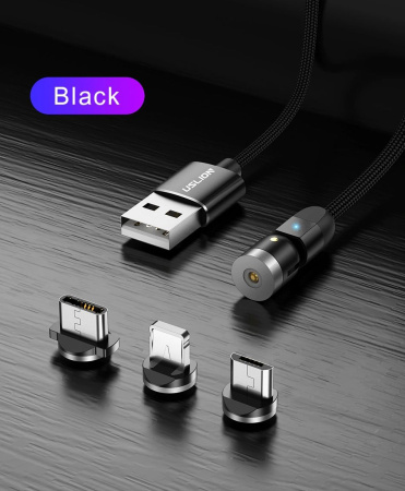Поворотный зарядный магнитный USB кабель USLION, 1м, черный