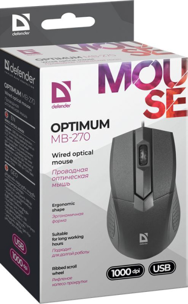 Мышь проводная оптическая Defender Optimum MB-270, 1000 dpi, черный Мышь проводная оптическая Defender Optimum MB-270, 1000 dpi, черный