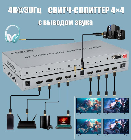 Матричный коммутатор - свитч-сплиттер 4×4 HDMI 4K, jack 3.5mm, SPDIF/Toslink, RS232, EDID, пульт ДУ