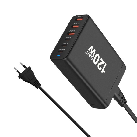 Настольное зарядное устройство - зарядная станция на 6 портов 120W USB-C / USB mod. 1006P120WB, быстрая зарядка, пластик, черный