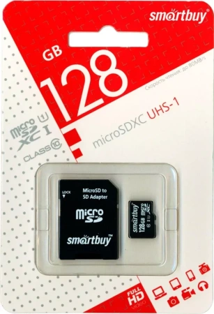 Карта памяти SDXC-micro 128GB Smartbuy, класс 10, SD-адаптер