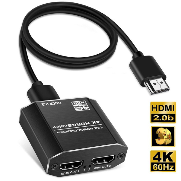 Сплиттер - разветвитель 1×2 HDMI 2.0b – 4K 60Гц, HDCP 2.2, HDR, Scaler (EDID), алюминий, черный
