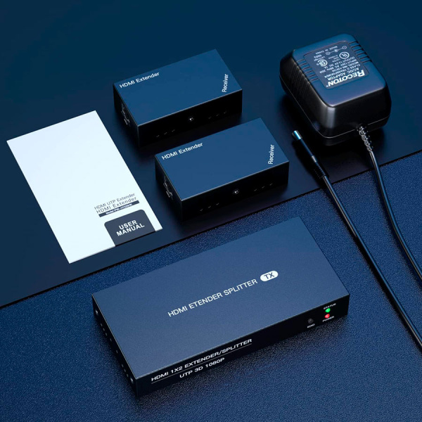 Разветвитель, сплиттер HDMI 1x2 FullHD 1080p до 60 метров - удлинитель сигнала по витой паре RJ45 UTP (LAN), ver.01, активный, комплект, черный