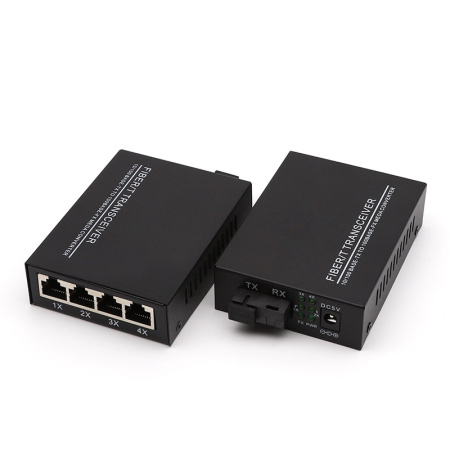 Медиаконвертер - удлинитель - коммутатор оптический 4xRJ45 10/100MB - 1xSC до 20км одномодовый одноволоконный, комплект