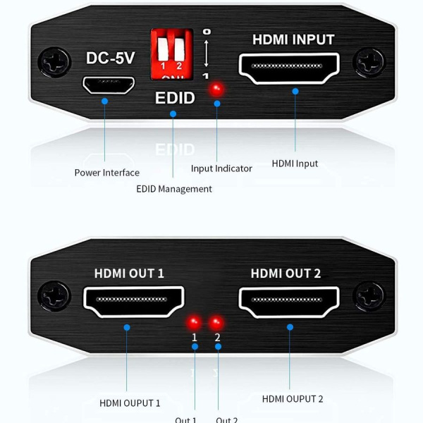 Сплиттер - разветвитель 1×2 HDMI 2.0b – 4K 60Гц, HDCP 2.2, HDR, Scaler (EDID), алюминий, черный