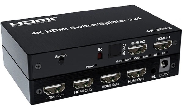 Матричный коммутатор - свитч-сплиттер 2×4 HDMI PRO, 4K 60HZ, оптика (Toslink/SPDIF), jack 3.5mm (AUX), пульт, черный Матричный коммутатор - свитч-сплиттер 2×4 HDMI PRO, 4K 60HZ, оптика (Toslink/SPDIF), jack 3.5mm (AUX), пульт, черный
