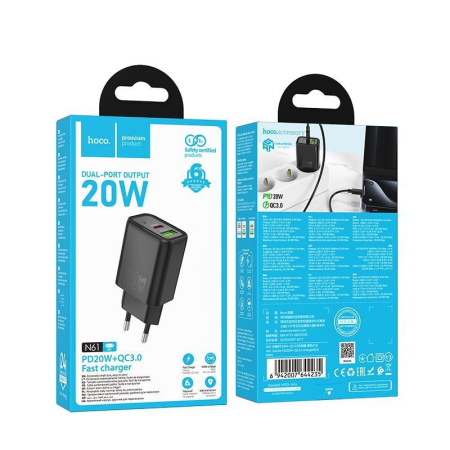 Зарядное устройство сетевое - блок питания HOCO N61, USB Type-C PD20W + USB QC3.0, черный