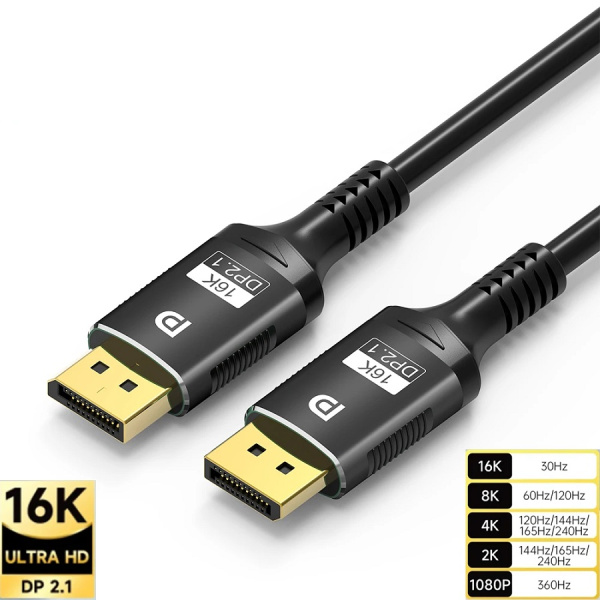 Кабель DisplayPort - DisplayPort v2.1 16K30Hz / 8K60Hz / 4K240Hz, 80Gps, 12bit, папа-папа, 1.5 метра, черный Кабель DisplayPort - DisplayPort v2.1 16K30Hz / 8K60Hz / 4K240Hz, 80Gps, 12bit, папа-папа, 1.5 метра, черный