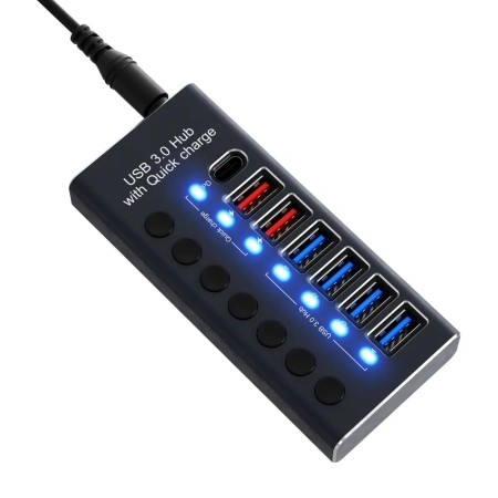 Хаб - концентратор USB3.0 / USB-C 7 портов mod. 985D-7, до 5 Гбит/с, активный 12V3A с кнопками, быстрая зарядка, алюминиевый корпус