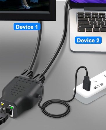 Cплиттер - разветвитель 1×2 RJ45 100 Мбит/с, активный, черный