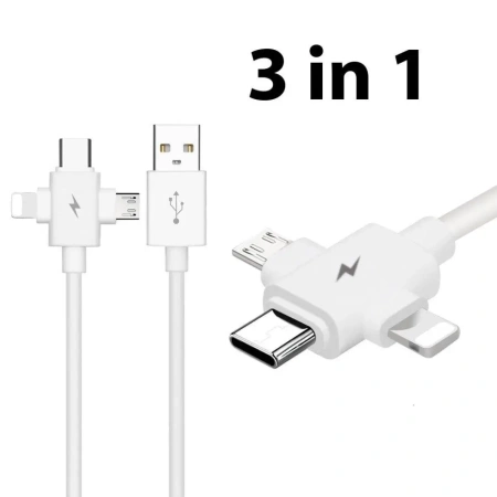 Универсальный зарядный кабель 3-в-1 USB Type-C - Lightning - MicroUSB, 3А, 1.5 метра, белый