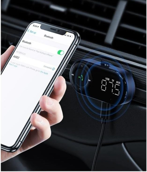 Аудио адаптер Hi-Fi AX02 FM-трансмиттер Bluetooth v5.2 - AUX 3.5мм, картридер TF, для автомобиля, громкая связь (handsfree)