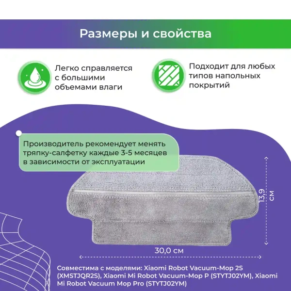 Салфетка (тряпка) - многоразовая микрофибра для влажной уборки для робота-пылесоса Xiaomi Mi Robot Vacuum Mop Pro (STYTJ02YM)